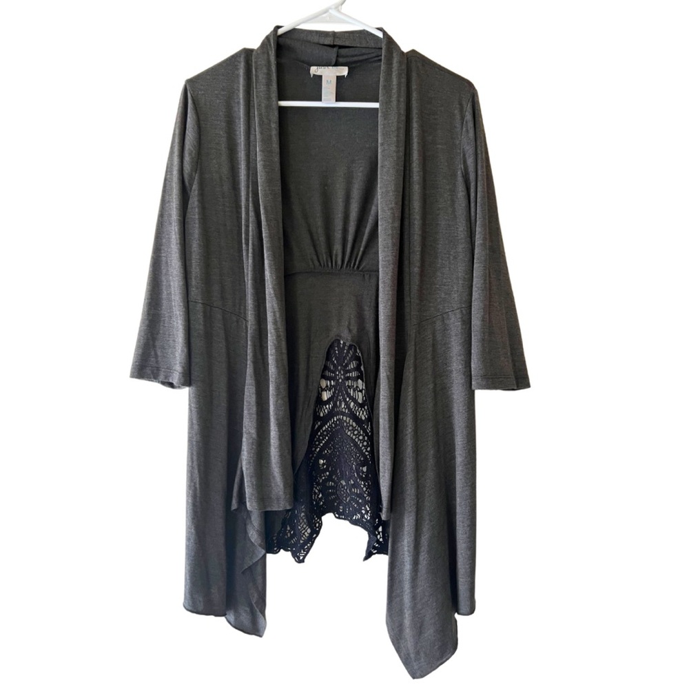 Just Be Women’s Grey Open Cardigan with Black Crochet Detail